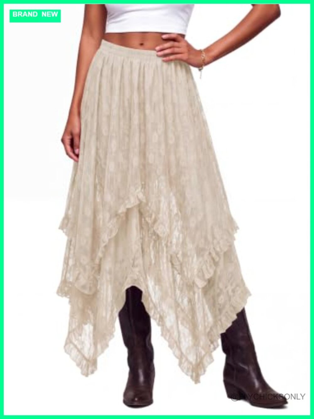 Lace Flowy Maxi Skirt Asymmetrical Ruffle Hem Boho High Waist Casual